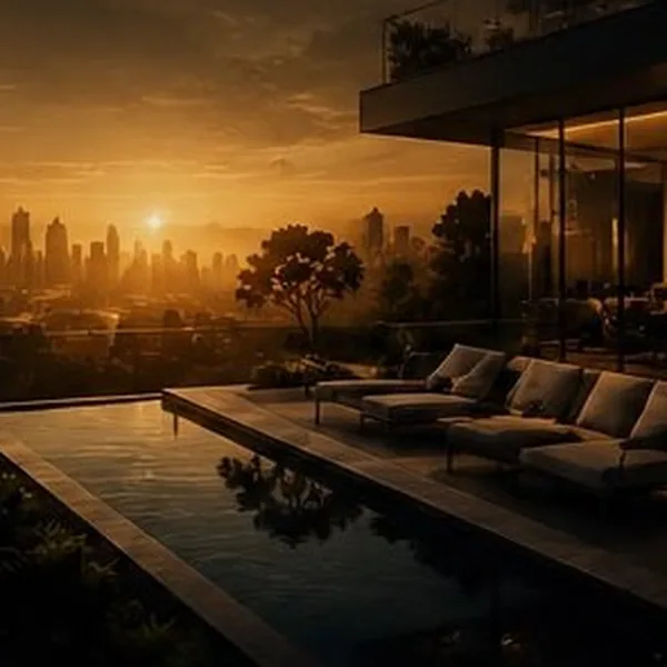 Ciudad al atardecer vista desde una vivienda, imagen de marca de PLAZMAR